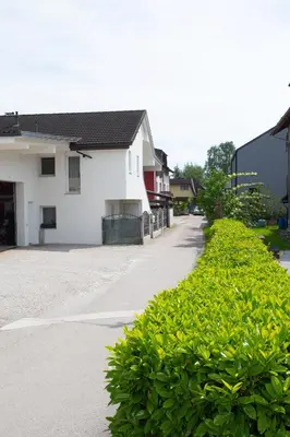 a street with a white house and a bush at Apartment Studio Green in Ljubljana
