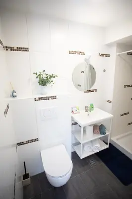 a white bathroom with a toilet and a sink at Apartment Studio Green in Ljubljana