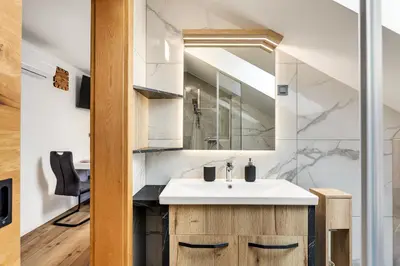 a bathroom with a sink and a mirror at Apartmaji Kunej pod Gradom with sauna in Podsreda