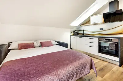 a bedroom with a bed and a tv in it at Apartmaji Kunej pod Gradom with sauna in Podsreda