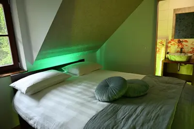 a green bedroom with a bed with pillows on it at Sobe in apartma Portus in Rakek
