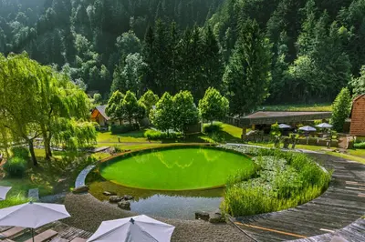 an aerial view of a resort with a green pond at Herbal Glamping Resort Ljubno in Ljubno