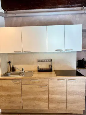 a kitchen with white cabinets and a sink at Historic studio apartment beneath the Ljubljana castle in the old city centre in Ljubljana