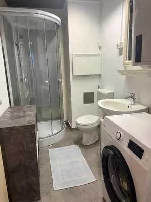 a bathroom with a shower and a toilet and a sink at Historic studio apartment beneath the Ljubljana castle in the old city centre in Ljubljana