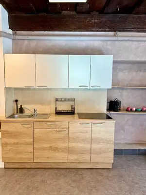 a kitchen with wooden cabinets and a sink at Historic studio apartment beneath the Ljubljana castle in the old city centre in Ljubljana