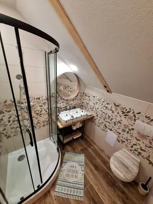 a bathroom with a shower and a toilet and a sink at Škedenj pri Vili Trate in Križevci pri Ljutomeru