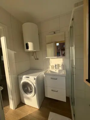 a bathroom with a washing machine and a sink at APARTMA BUQEZ-HOUSE 79 with Termal Riviera Čatež tickets in Čatež ob Savi