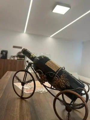 a wine bottle on a bike on a table at Kolodvor 1870 - Old Town Apartment Kranj in Kranj