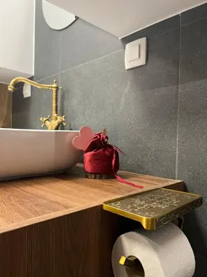 a bathroom with a sink and a toilet with a red purse at Kolodvor 1870 - Old Town Apartment Kranj in Kranj