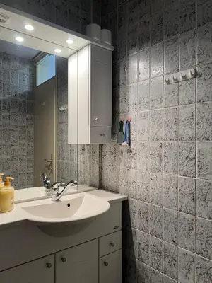 a bathroom with a sink and a mirror at Apartma Bučko in Bohinj
