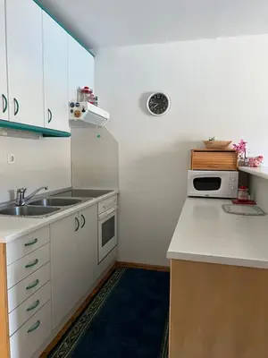 a small kitchen with a sink and a microwave at Apartma Bučko in Bohinj