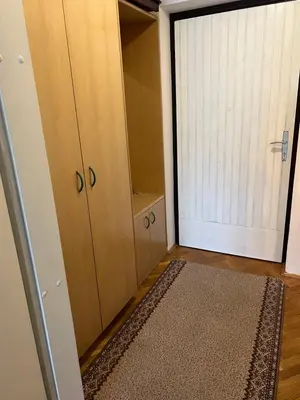 an empty room with a door and a rug at Apartma Bučko in Bohinj