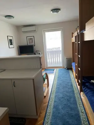 a room with a bed and a large window at Apartma Bučko in Bohinj
