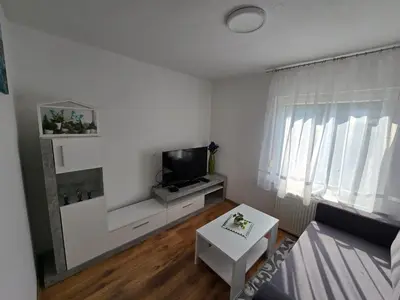 a living room with a couch and a tv at Pri tetki in Kranj