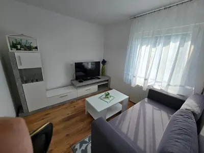 a living room with a couch and a tv at Pri tetki in Kranj