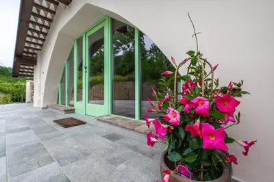 a potted plant with pink flowers next to a building at House Dorče in Kojsko