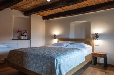 a bedroom with a bed with a blue comforter at House Dorče in Kojsko