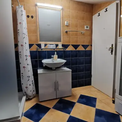 a bathroom with a sink and a mirror at Apartment Swan in Bled