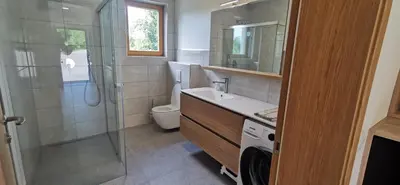 a bathroom with a shower and a sink and a toilet at Apartment Ratek in Ivanjkovci