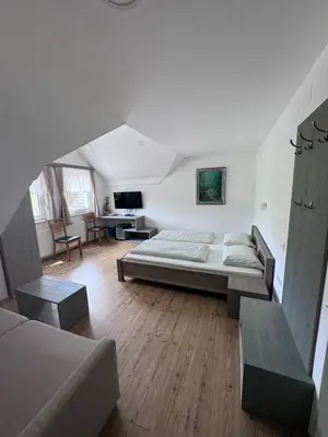 a bedroom with a bed and a living room at Guesthouse Tolc in Spodnja Sorica