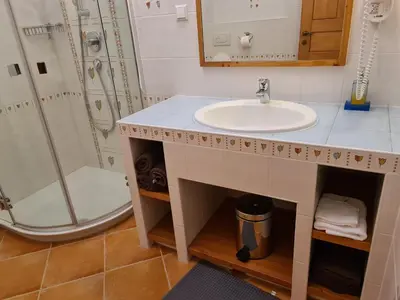 a bathroom with a sink and a shower at Apartmaji Sitar in Ribnica na Pohorju