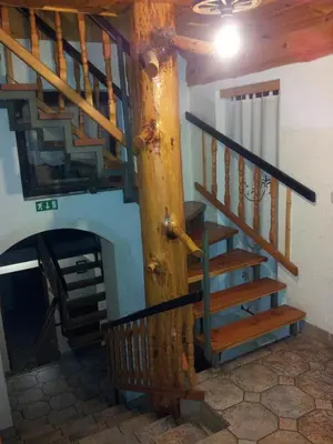 a wooden spiral staircase in a room with a fireplace at Turistična Kmetija Zgornji Zavratnik in Luče