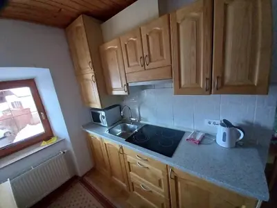 a small kitchen with wooden cabinets and a sink at Tubej apartments in Bohinj