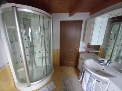 a bathroom with a shower and a sink at Tubej apartments in Bohinj