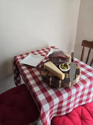 a table with a red and white checkered table cloth at Ludanov apartma in Radlje ob Dravi