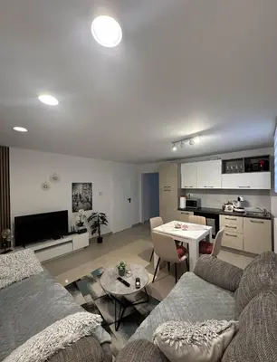 a living room with a couch and a table at Apartments Dani in Postojna