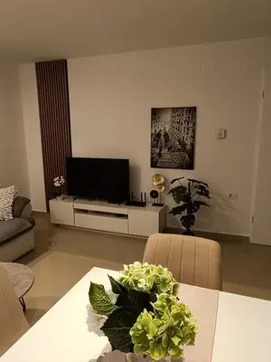 a living room with a television and a table with flowers at Apartments Dani in Postojna