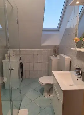 a bathroom with a toilet and a sink and a window at Apartma Saint Thomas in Selca