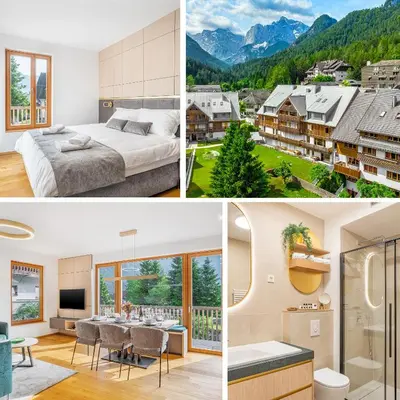 a collage of pictures of a bedroom and a house at West Alpine Apartment SKI in&out in Kranjska Gora