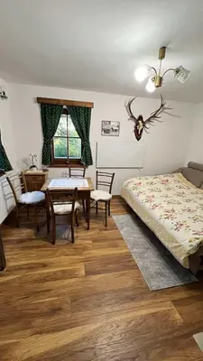 a bedroom with a bed and a table and chairs at Apartment Olga