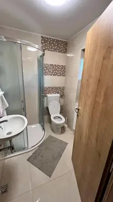 a bathroom with a toilet and a shower and a sink at Apartment Olga