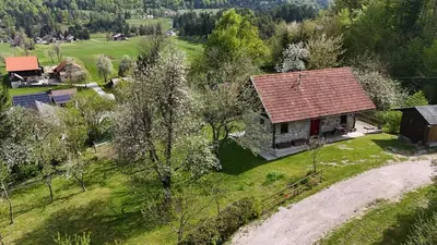 an aerial view of a house with a red roof at Apartment Olga