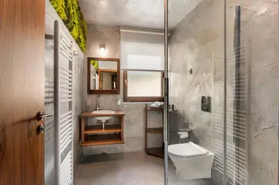 a bathroom with a sink and a toilet and a shower at Guest House The Hive in Bled
