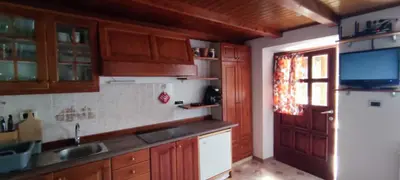 a kitchen with wooden cabinets and a sink and a refrigerator at Apartma Dajana in Lokve