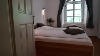 two beds in a room with a window at Snežnik castle estate in Stari Trg pri Ložu