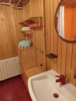 a small bathroom with a sink and a mirror at Traditional Bled Stay in Bled