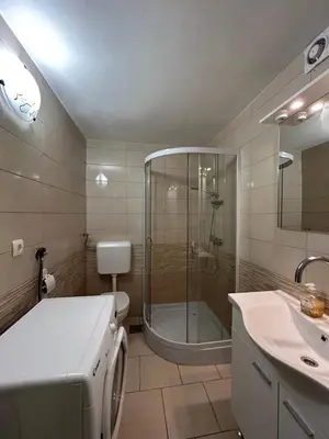a bathroom with a shower and a toilet and a sink at Apartment Tunnel in Hrušica