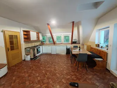 a large kitchen with a table and chairs in it at Apartma Pohorc - Kostanj in Pohorje
