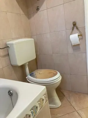 a bathroom with a toilet with a dirty seat at Nice apartment in Celje in Celje