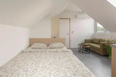 a bedroom with a large bed and a couch at House Pr'Španc in Ljubljana