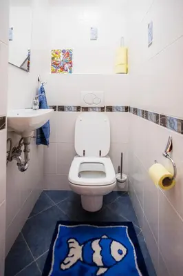 a bathroom with a toilet and a fish rug at The Color Loft in Ljubljana