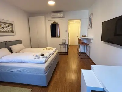 a bedroom with two beds and a flat screen tv at Rosa & Nora Apartments in Ljubljana