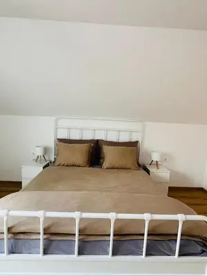 a white bed in a bedroom with two night stands at Apartma DUDI