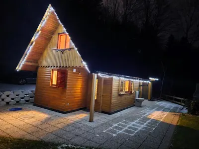 a wooden house with lights on it at night at Hiška pod krošnjami