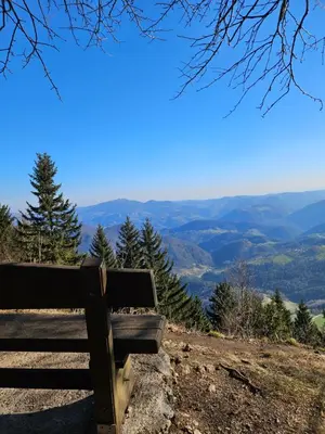 a bench sitting on top of a hill with a view at Hiška pod krošnjami
