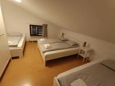 a small room with two beds and a window at Green view apartment in Sežana